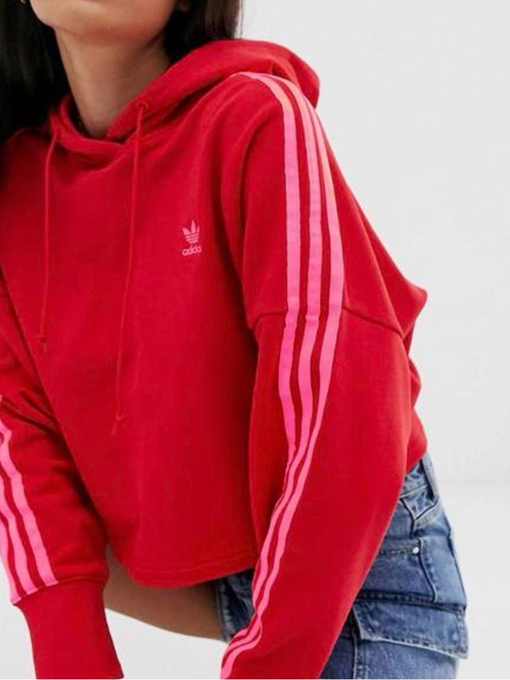 Adidas 💖 Red Cropped Hoodie with Pink Sleeve Stripes
